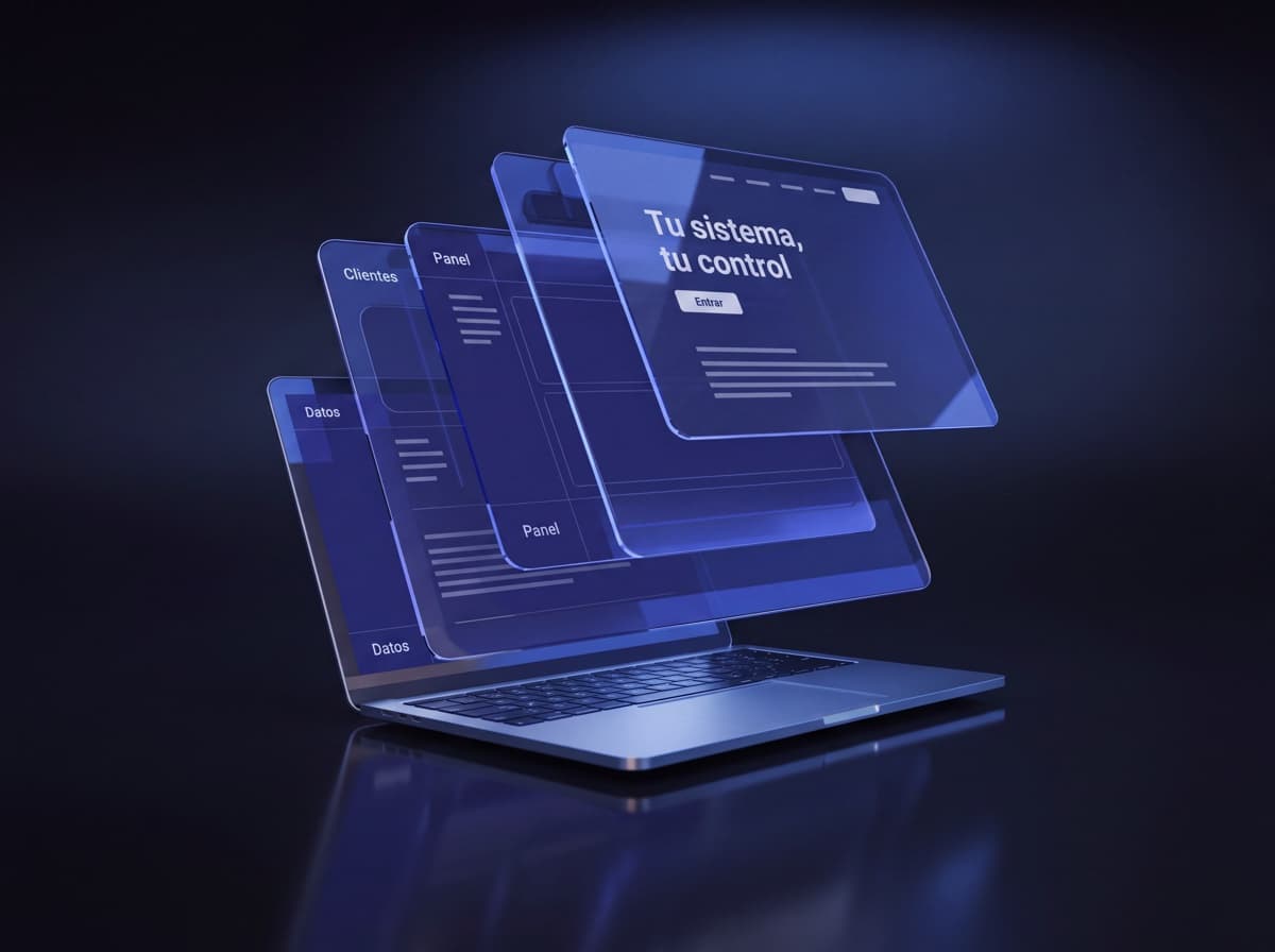 Paneles de un producto SaaS —clientes, datos, control— en capas sobre un portátil