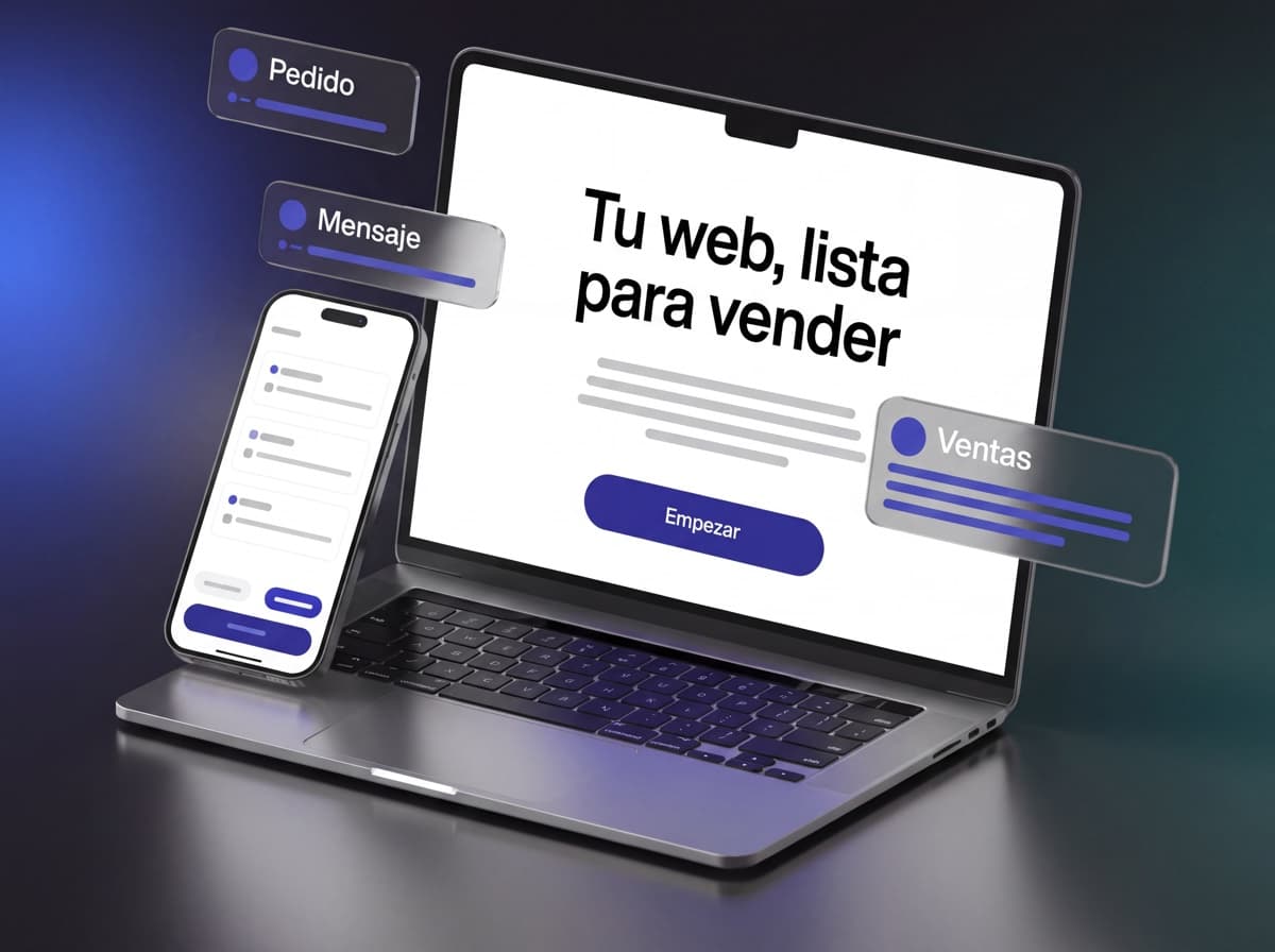 Portátil y móvil mostrando una web recién publicada, lista para vender
